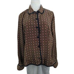 Bora Bora Women Long Sleeve Blouse with Fabric Buttons Geometric Design Size XL